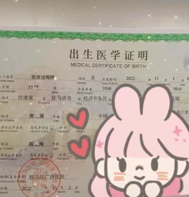 河南驻马店的一位宝妈发布了自己宝宝的出生证明，姓名为“陈皮话梅糖”，引发网友热议