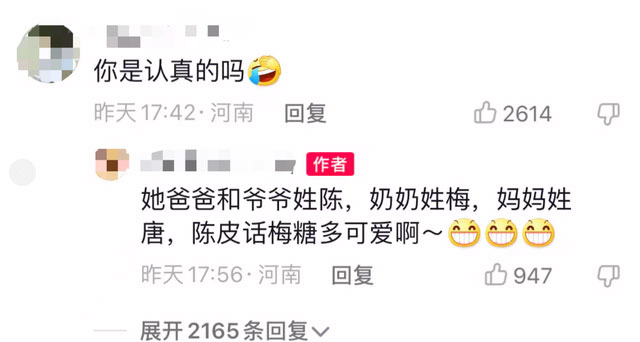 河南驻马店的一位宝妈发布了自己宝宝的出生证明，姓名为“陈皮话梅糖”，引发网友热议