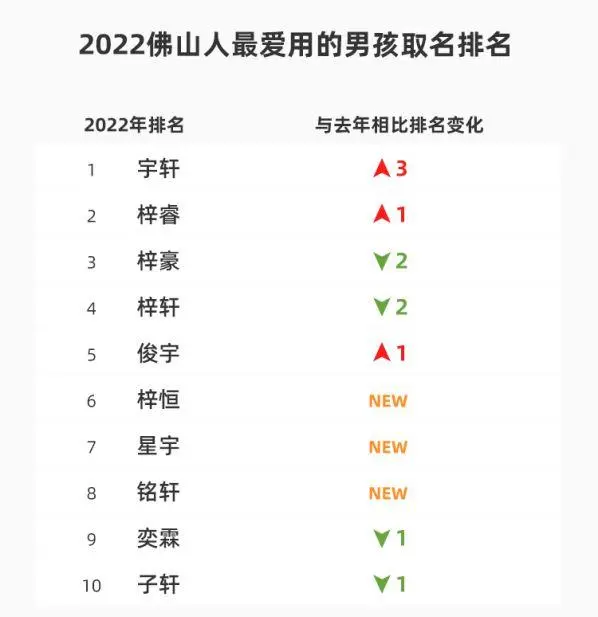 男孩取名为宇轩的最多，大约1000个男孩有1个取名为宇轩。