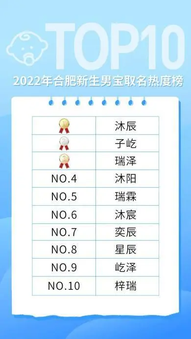 2022年在合肥办理出生登记的男孩中，“沐辰”位居榜首