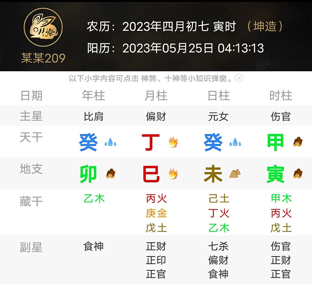 宝宝出生于2023年5月25日4点零8分，排出八字如下：